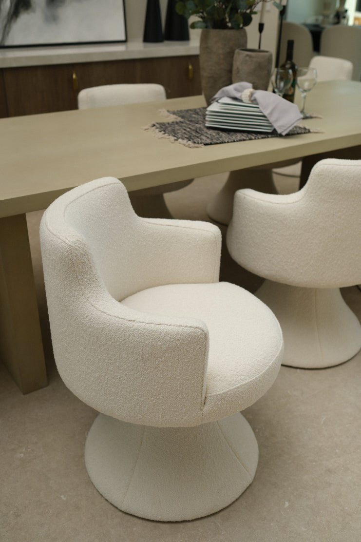 BOUCLE WHITE SWIVEL DINING CHAIR, SET OF 8