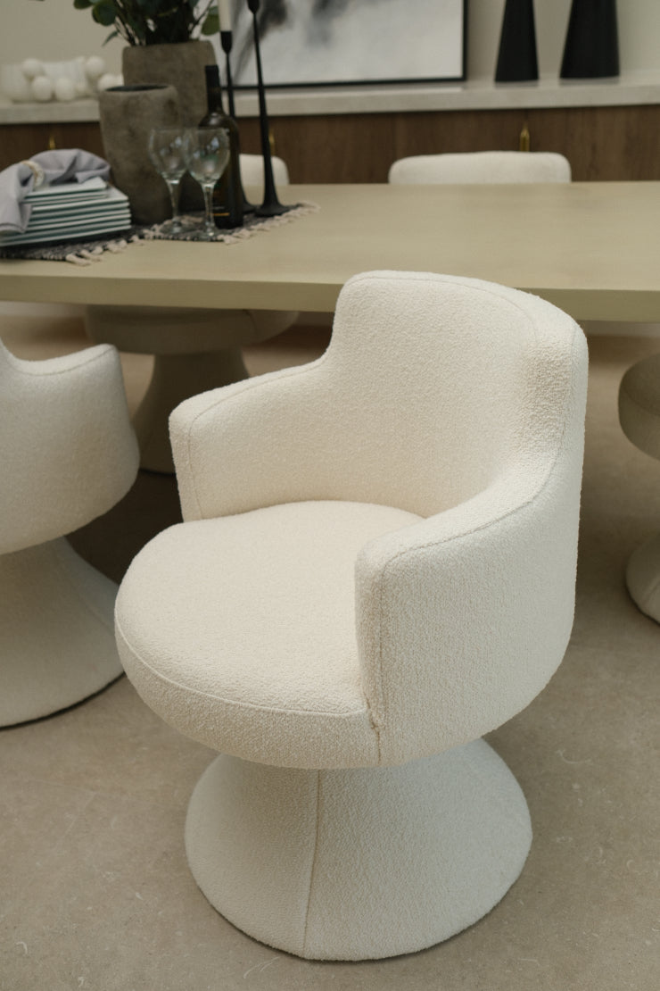 BOUCLE WHITE SWIVEL DINING CHAIR, SET OF 8
