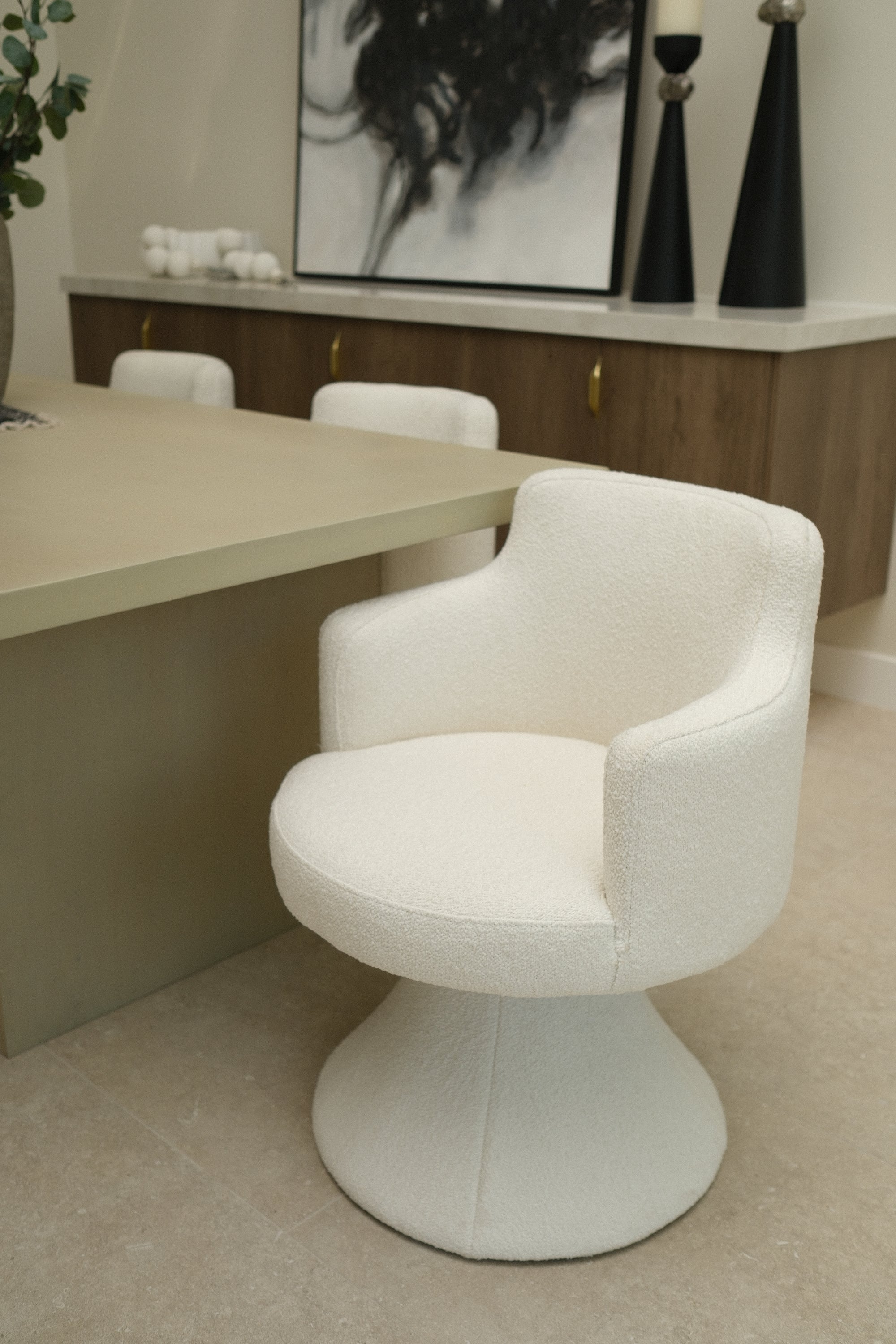 BOUCLE WHITE SWIVEL DINING CHAIR 5