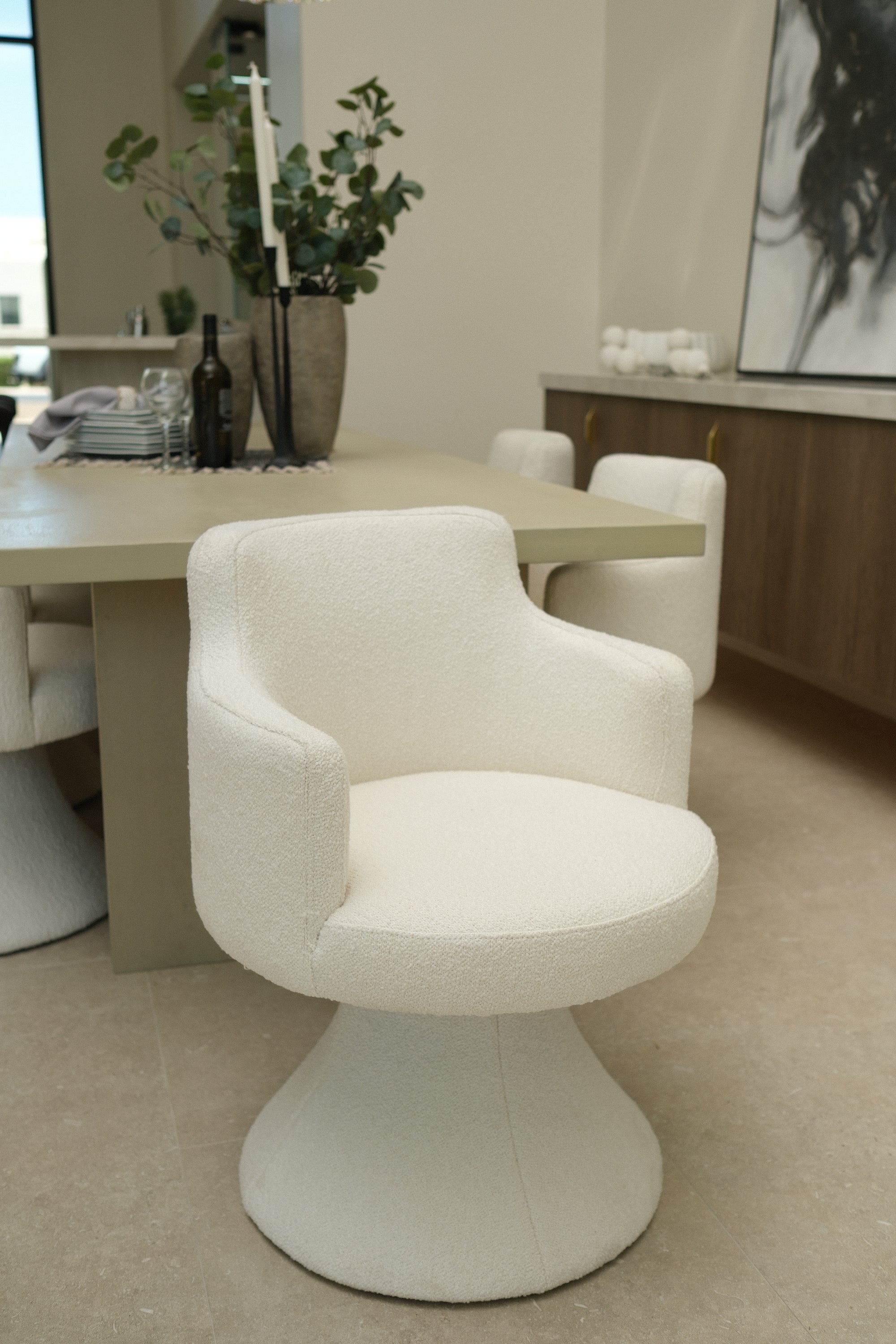 BOUCLE WHITE SWIVEL DINING CHAIR 5