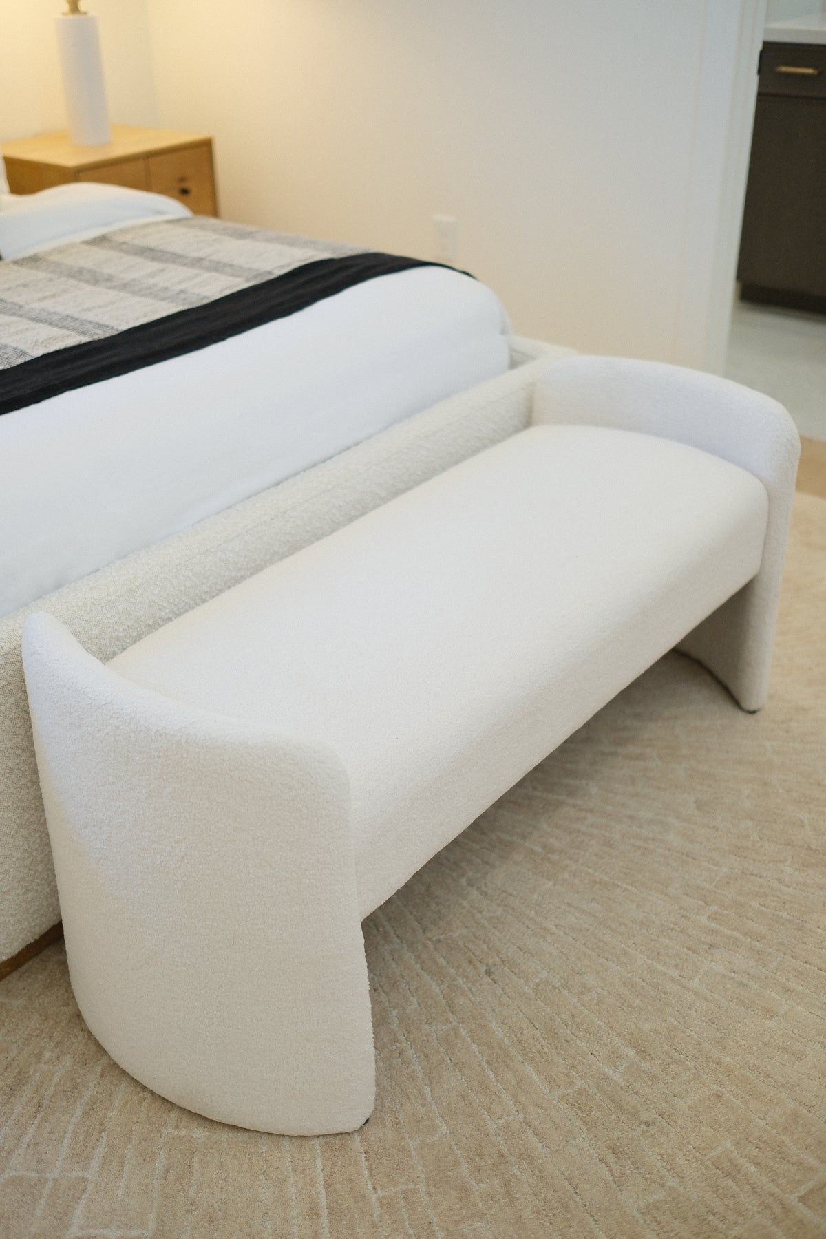 55"L WHITE BOUCLE BENCH