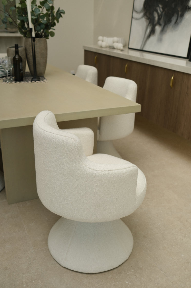 BOUCLE WHITE SWIVEL DINING CHAIR, SET OF 8