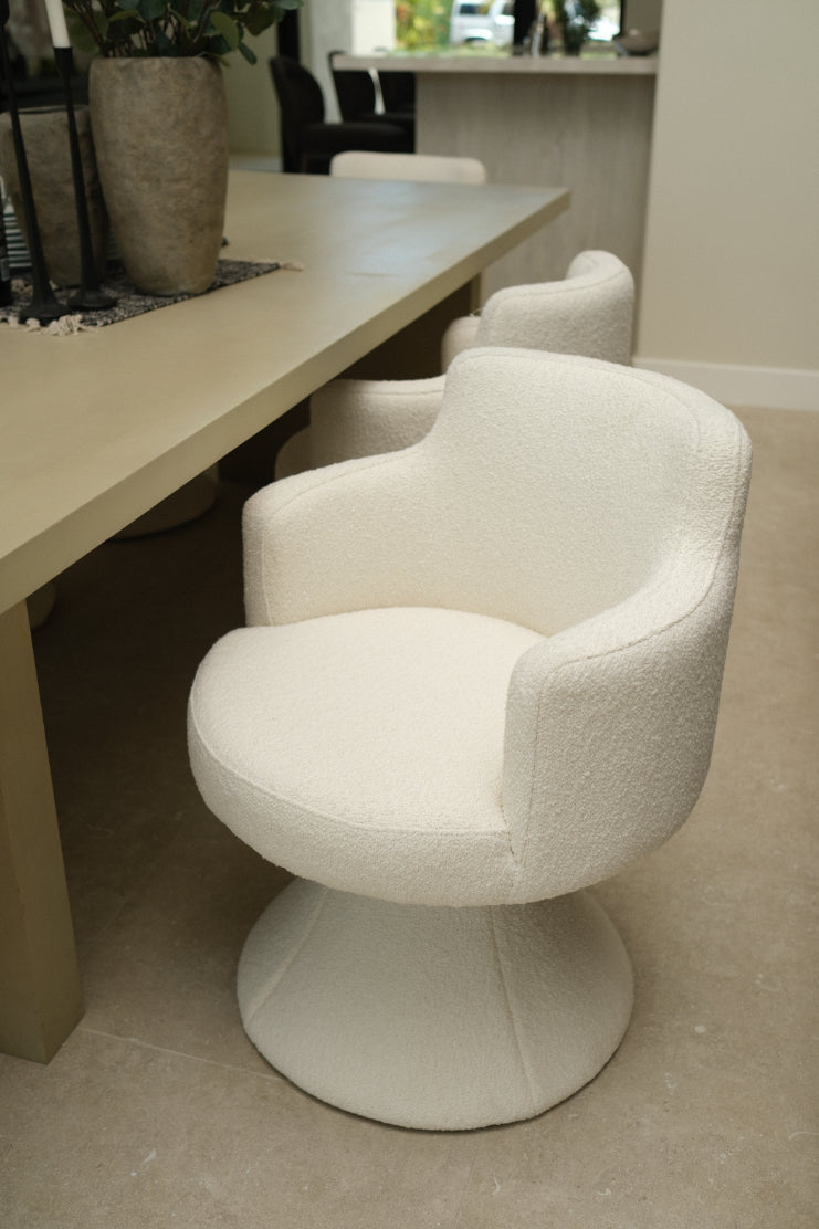 BOUCLE WHITE SWIVEL DINING CHAIR, SET OF 8
