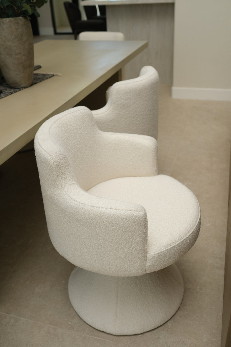 BOUCLE WHITE SWIVEL DINING CHAIR, SET OF 8