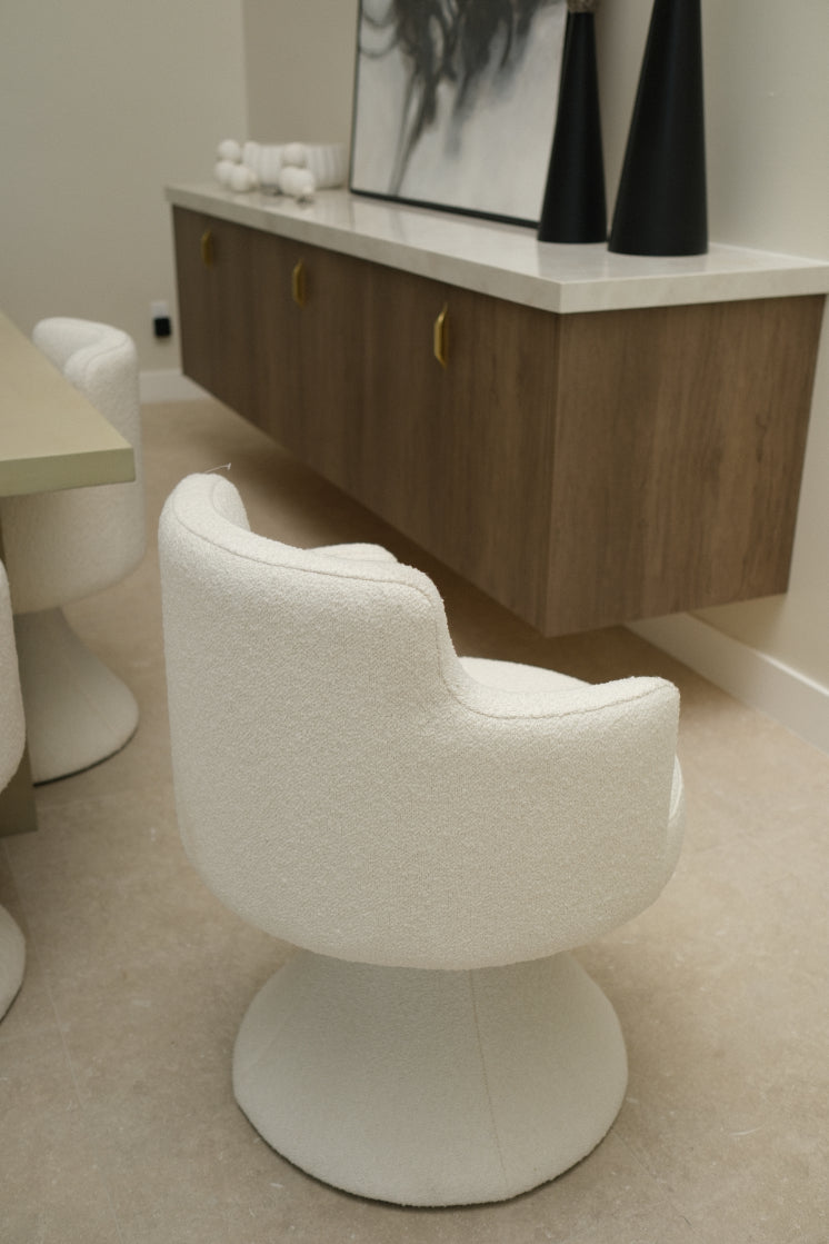 BOUCLE WHITE SWIVEL DINING CHAIR, SET OF 8