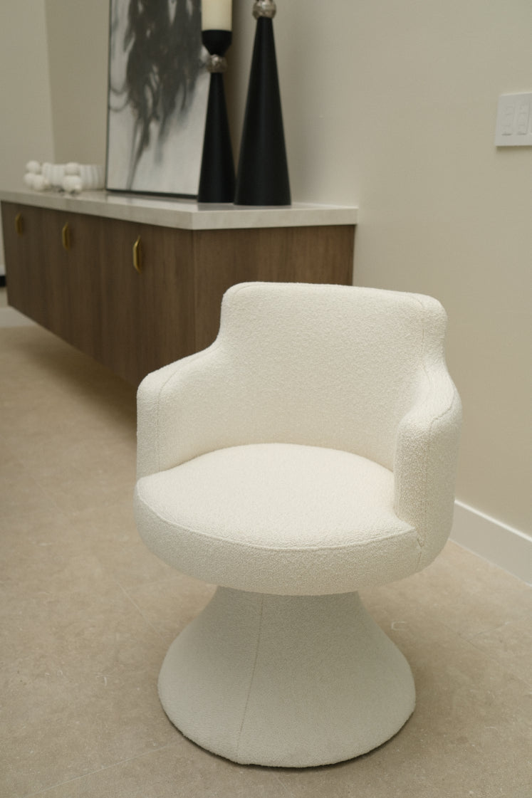 BOUCLE WHITE SWIVEL DINING CHAIR, SET OF 8