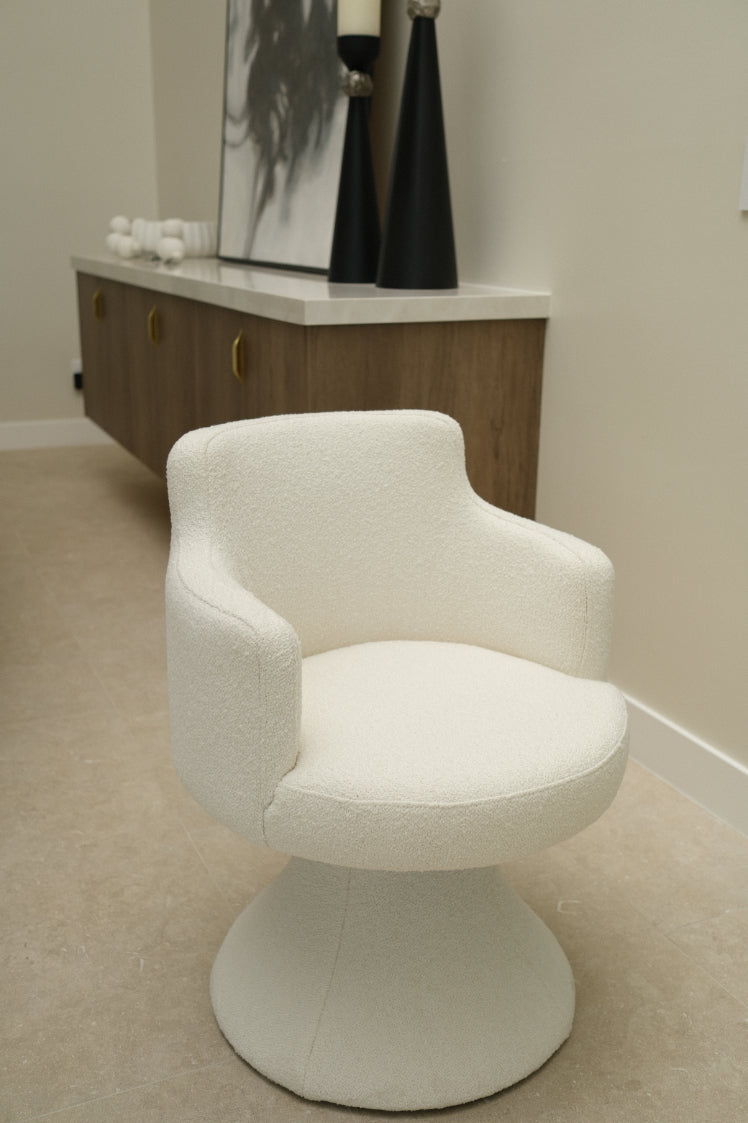 BOUCLE WHITE SWIVEL DINING CHAIR, SET OF 8