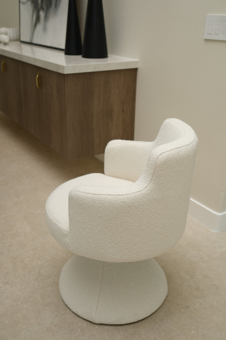 BOUCLE WHITE SWIVEL DINING CHAIR, SET OF 8