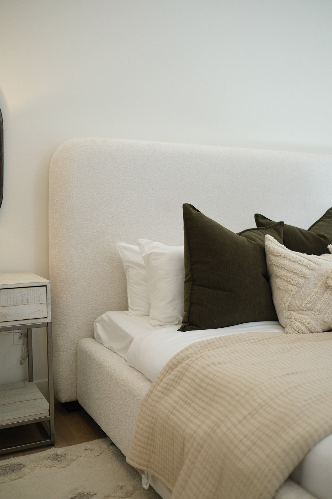 55"H BEIGE UPHOLSTERED KING BED