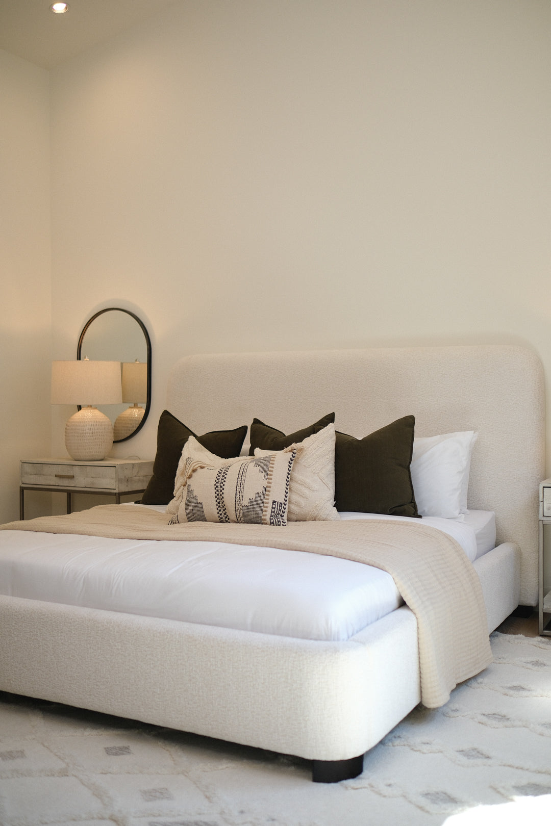 55"H BEIGE UPHOLSTERED KING BED